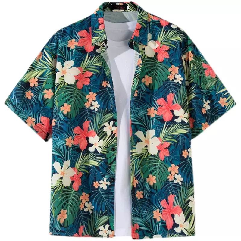 Desenhos animados havaianos com estampa solta masculina, camisa de rua, camisa diária de verão casual, tops de manga curta