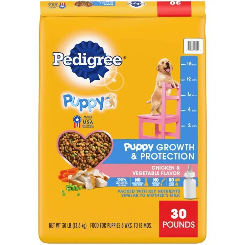 Pedigree Puppy Crescimento e Proteção Dry Dog Food, Frango e Sabor Vegetal, 30 lb por Saco