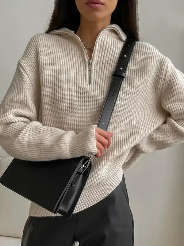 Zimowy sweter damski z długim rękawem dzianinowe swetry Oversize z golfem zamki luźne stałe skręcić w dół kołnierz sweter dla kobiet