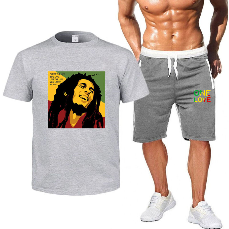 T-shirt Wanita/Pria Kaus Gambar Bob Marley Legend Reggae One Love Musim Panas Fashion Baru Lengan Pendek + Celana Pendek Setelan Pakaian