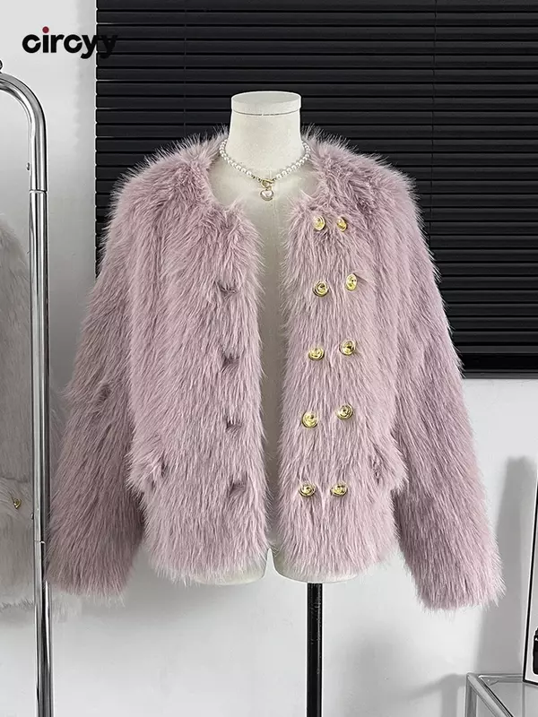 Женская куртка из искусственного меха, новая зимняя плотная теплая двубортная верхняя одежда в Корейском стиле с длинным рукавом, свободные однотонные пальто, 2023