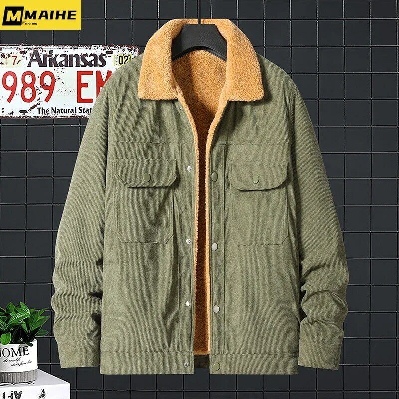 Autumn and winter windproof warm thick lamb wool coat men's outdoor army green cargo jacket 2023 new corduroy parka men's clothi