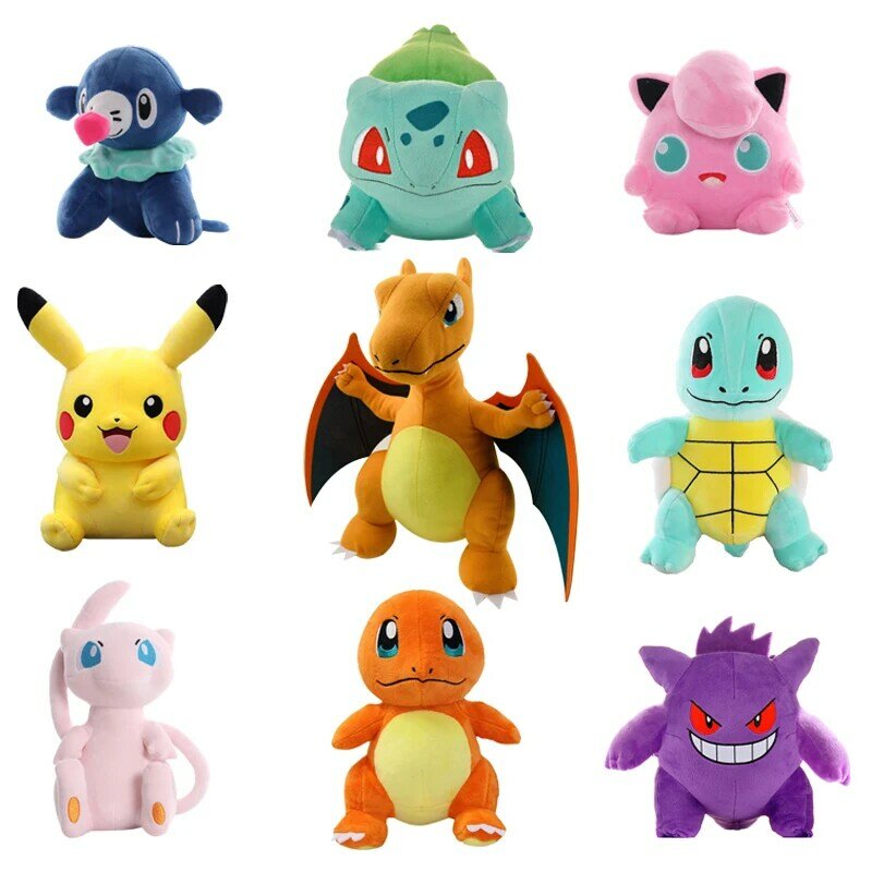 Pokemon Plush Toy para Bebê, Pikachu, Eevee, Charmander, Squirtle, Charizard, Blastoise, Bulbasaur, Anime Figura Boneca, Presente de Natal