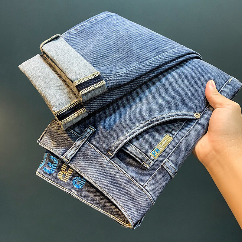 Jeans slim fit bordada masculina, calça jeans, algodão lavado, tubo reto, leve, luxo, moda high-end, nova moda, lazer, 2024