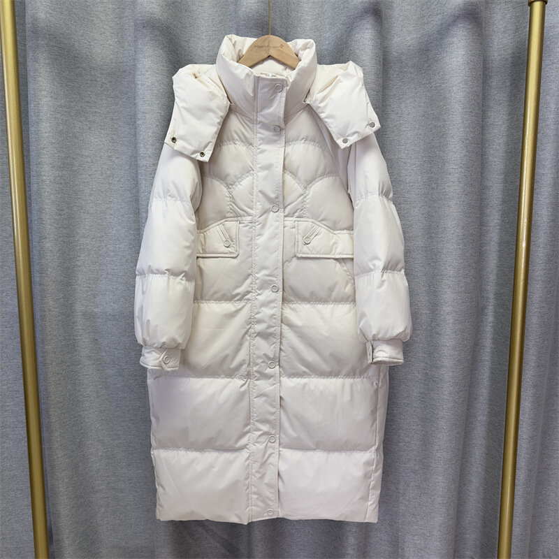 Jaket Down mantel panjang wanita, jaket bertudung di atas lutut dengan jaket longgar tebal untuk musim dingin