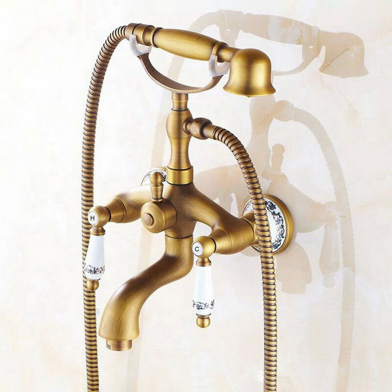Bak Mandi Faucets Dinding Mounted Antique Kuningan Bathtub Faucet dengan Tangan Pancuran Shower Mandi Pancuran Faucets Ntf311