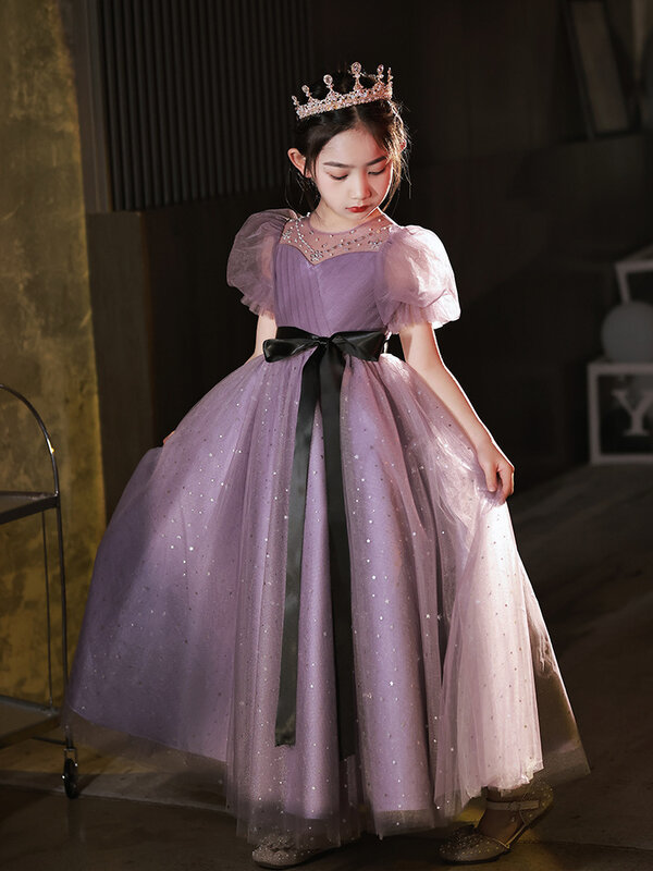 Vestito di fascia alta per bambini vestito da principessa viola costume da competizione per spettacoli di pianoforte