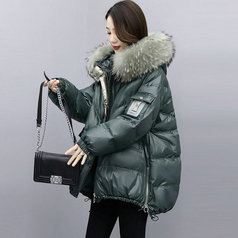 Moda na co dzień puchowa kurtka bawełniana 2023 nowa jesień/zima koreańska wersja luźno dopasowane bawełniana kurtka z dużym płaszcz z kołnierzem z futra