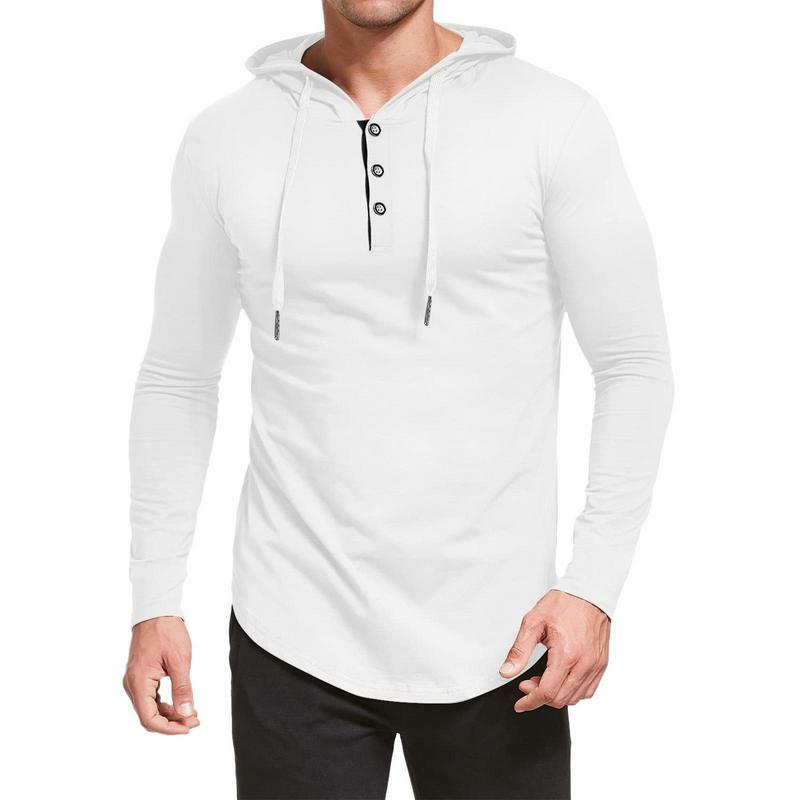 Hoodie esportivo com capuz para homens, camisas de manga comprida, leve, pescoço com botão, suporte frontal