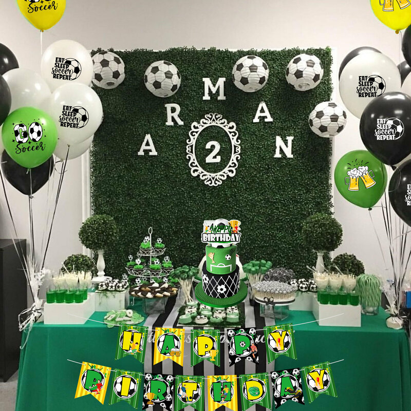 Tema de futebol verde festa de aniversário decoração bandeira puxando bolo bandeira inserir látex balão terno