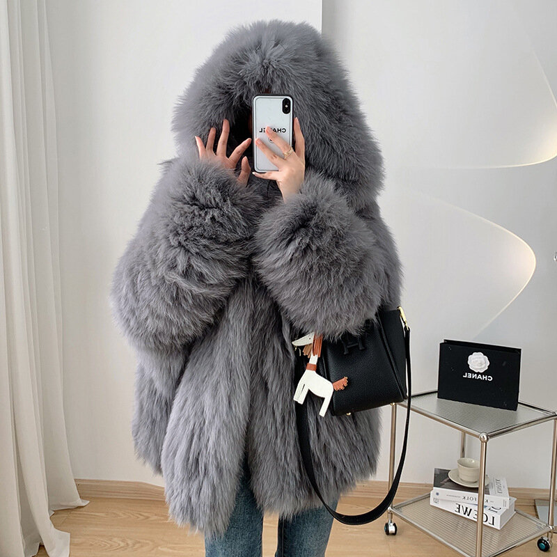 Abrigo de piel de zorro con capucha de doble cara para mujer, abrigo adelgazante de silueta de longitud media, versión coreana, nuevo