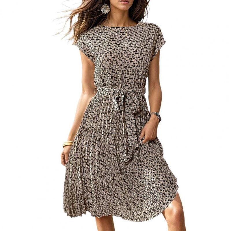 Printed Dress Elegant Lace-up Midi Dress for Women Slim Waist A-line Pleated Vacation Beach Dress with Short Sleeves for Summer