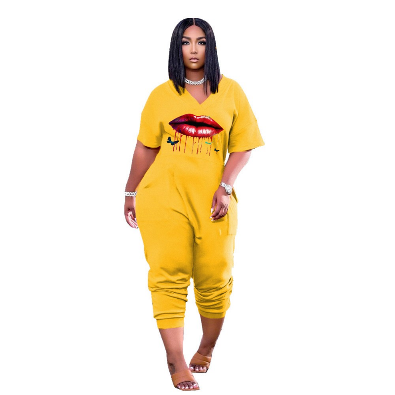 S-5XL Summer 2023 Women Clothing Plus Size Jumpsuits Fashion Printing Short Sleeve Loose Casual Sport Long Romper Female Outfits