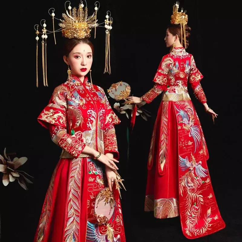 Vestido de boda tradicional Chino para mujer, Cheongsam largo, Qipao bordado rojo, estilo Oriental, ropa de pareja