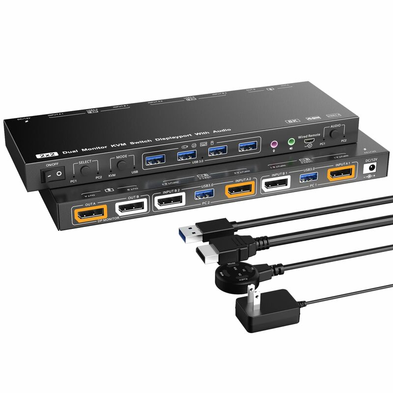 Commutateur KVM DisplayPort, 2 moniteurs, 2 USB 3.0, 4 HUB et 2 moniteurs, voix solitaire