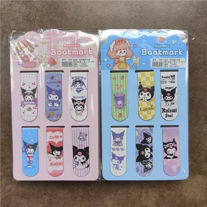 Confezione da 6 cartoni animati Sanrio Cinnamoroll segnalibri magnetici Anime My Melody Kuromi Double Sided Student Fold Metal Stationery Gift