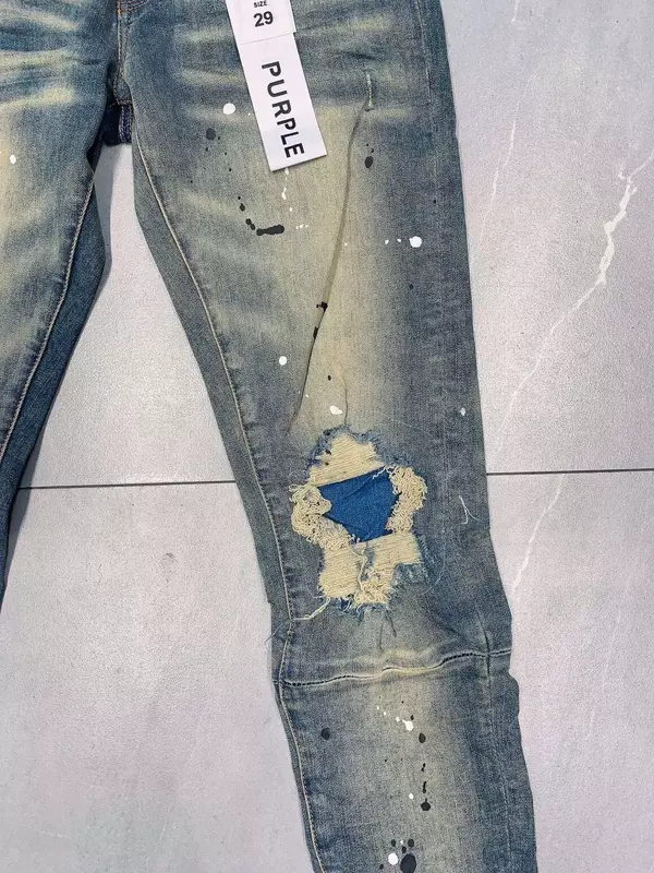 Jeans di marca viola di alta qualità 1:1 pantaloni in Denim Skinny a vita bassa di riparazione di alta qualità