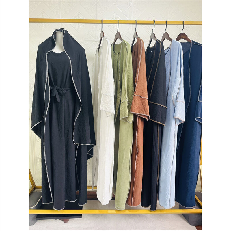 3 pezzi abaya coordinati set musulmani Hijab Dress Crepe Kimono aperto per le donne Dubai turchia abiti interni abbigliamento islamico Ramadan