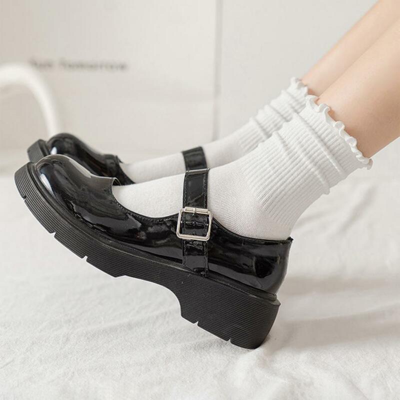 ถุงเท้าสตรีสี่ฤดูถุงเท้ายาวถึงข้อเท้าทรงสูงมีระบายมีสไตล์ถุงเท้าลายทางยืดหยุ่นสูงกันลื่นนุ่ม