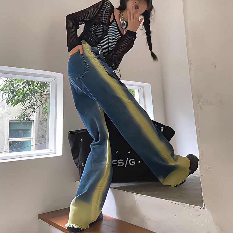 Pantalones vaqueros Vintage Y2k de cintura alta para mujer, ropa de calle azul holgada, Harajuku, Color de contraste, degradado, informal, pierna ancha