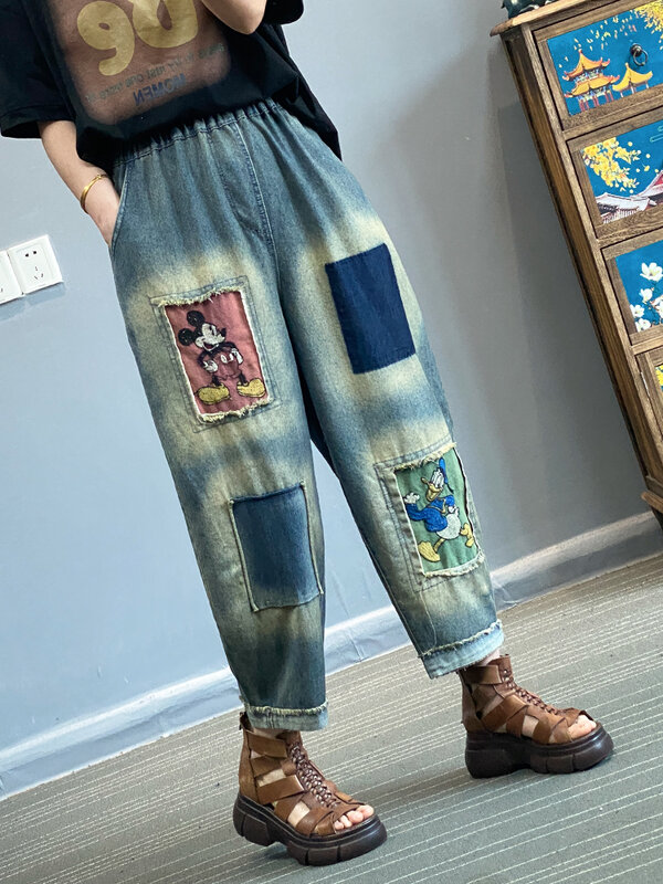 Potdemiel Retro Gradient Colorful Patch Cartoon Embroidered Jeans Women's Loose Oversize Nine Roll Side Daddy Harem Denim Pants