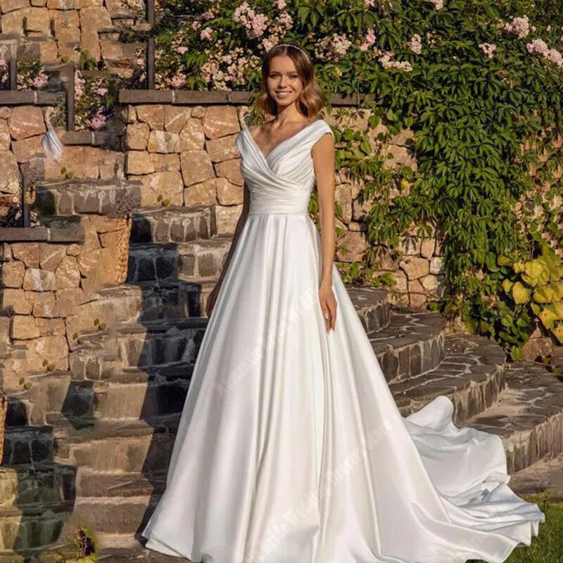 Gaun pernikahan wanita bahu terbuka gaun pengantin tanpa lengan permukaan Satin romantis gaun pengantin panjang pel 2024