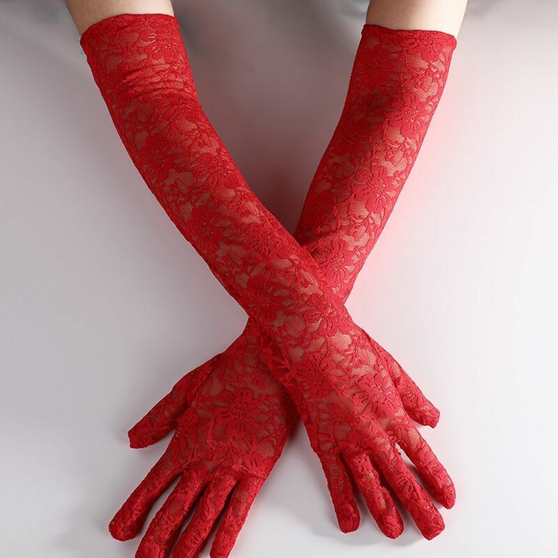ถุงมือลูกไม้สำหรับผู้หญิงถุงมืออุ่นแขนยาวกันยูวีลายดอกไม้สำหรับงานแต่งงานย้อนยุคครีมกันแดด