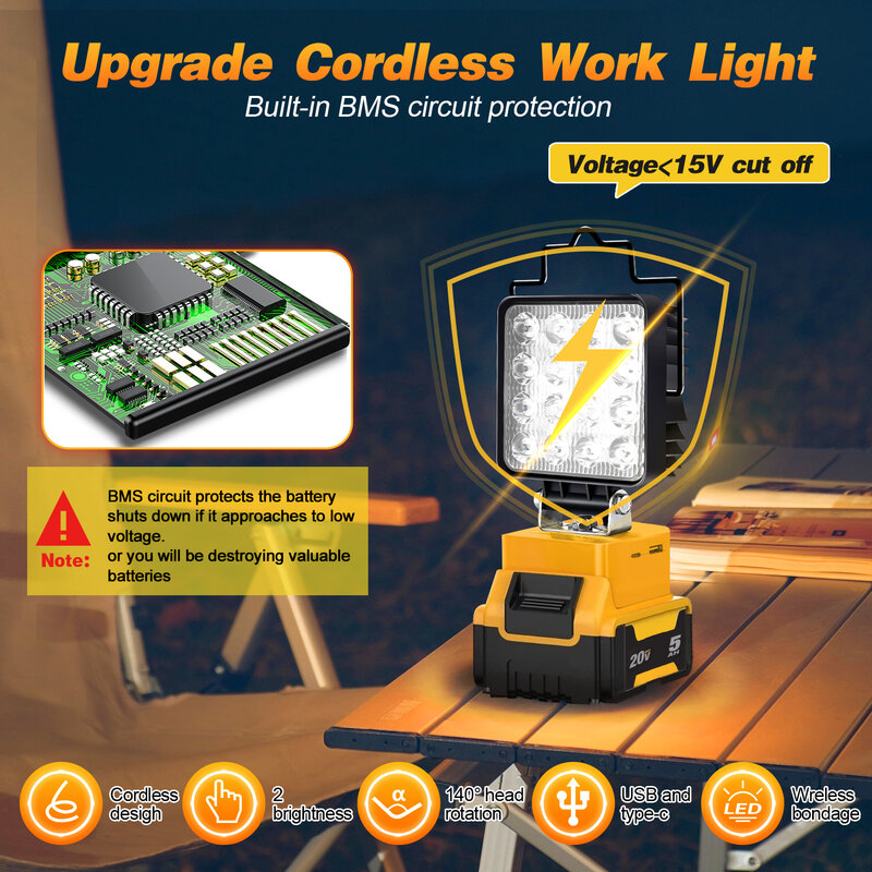 Portátil Cordless LED Work Light, luz de inundação recarregável para DeWalt, sem bateria, 48W, 360 ° Base ajustável