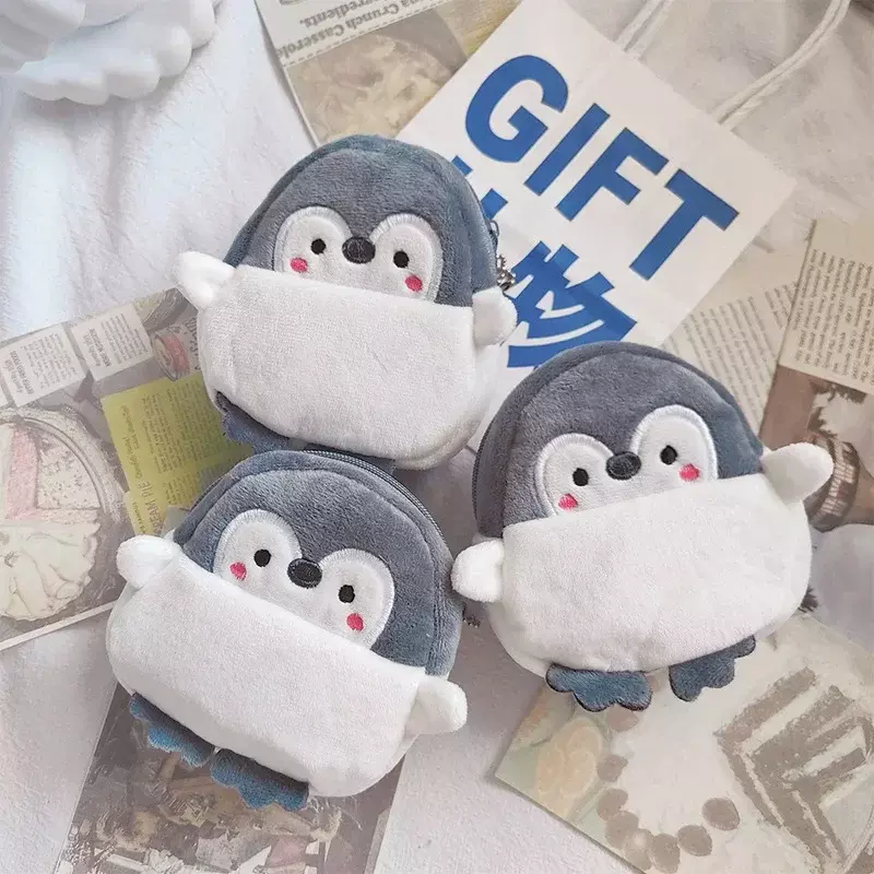 Cute Gray Penguin Plush Coin Bag Penguin with Yellow Schoolbag Mini Currency Coin Purse for Kid Lipstick Data Cable Storage Bags