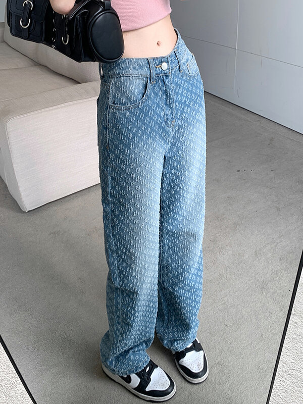 Jeans Vintage a gamba larga donna vita alta moda Streewear pantaloni in Denim azzurro pantaloni larghi Casual spazzolati Jaquard donna