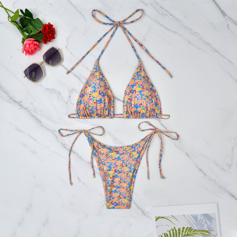 Maillot de bain brésilien imprimé floral pour femmes, ensemble deux pièces sexy, string, micro, bikini, vêtements de plage, 2024