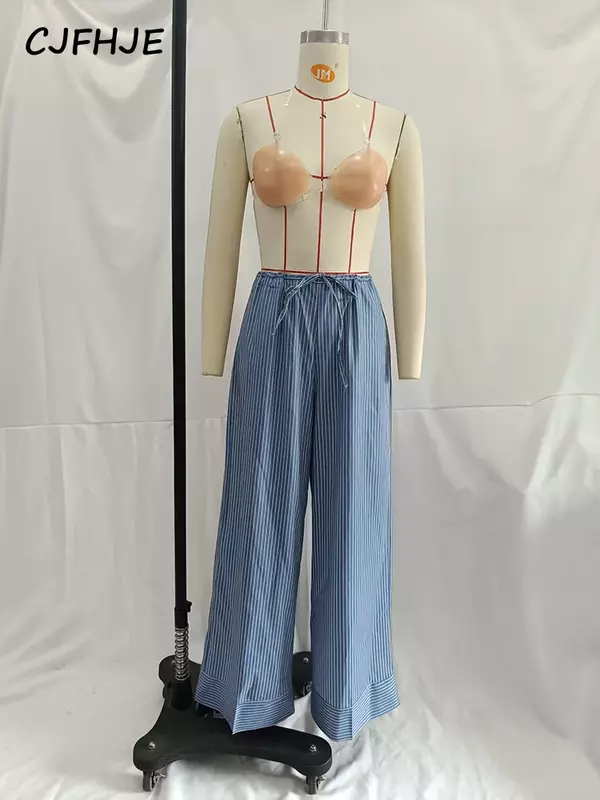 ASDS Blue Drawstring Pinstripe Trousers Women Casual Elastic High-waist Wide Leg Long Pants Female Straight Chic Lady Clothing
