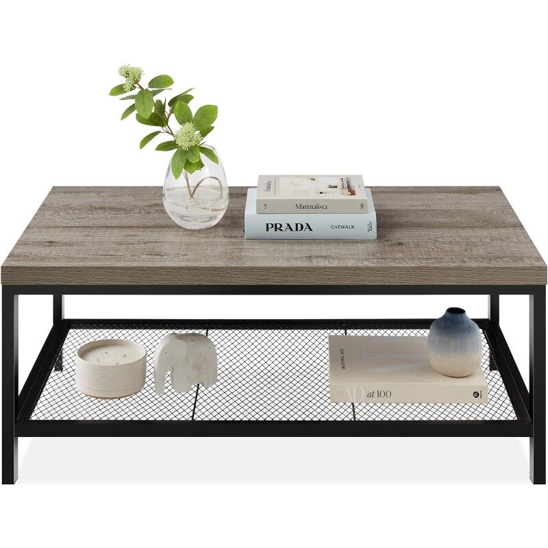 長方形の木目調コーヒーテーブル、アクセント家具、モダンな大きなテーブル、2層、工業用、44インチ