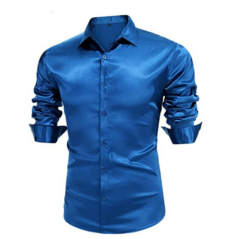 Blue Real Silk Shell Fabric Shirt Men Brand New Long Sleeve Mens Dress Shirts Non Iron Easy Care Business Work Chemise Homme 3XL