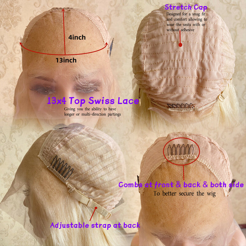 Perruque Lace Front Wig sans colle brésilienne naturelle-HD, cheveux humains, pre-plucked, racines agaçantes, blond miel clair, 13x4