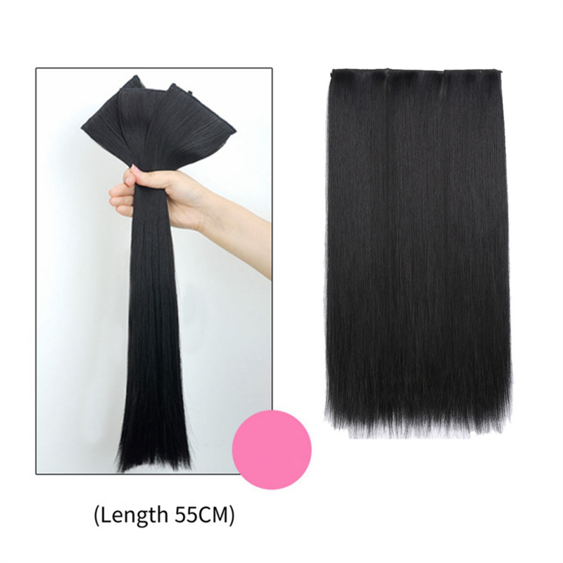 Peruca de cabelo liso para mulheres, peruca de cabelo longo, cabelo natural, resistente ao calor, preto, 3 peças, 55cm