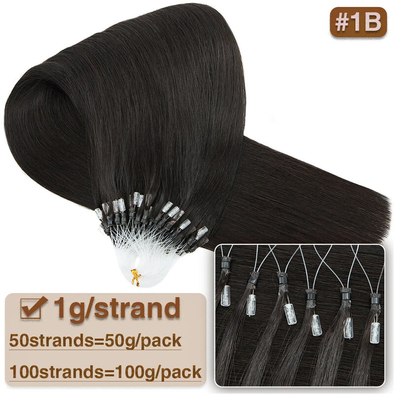 Extensions de cheveux micro boucle droite, vrais cheveux noirs naturels, 1g, 1 brin, 50g, 1B, 16-26 po