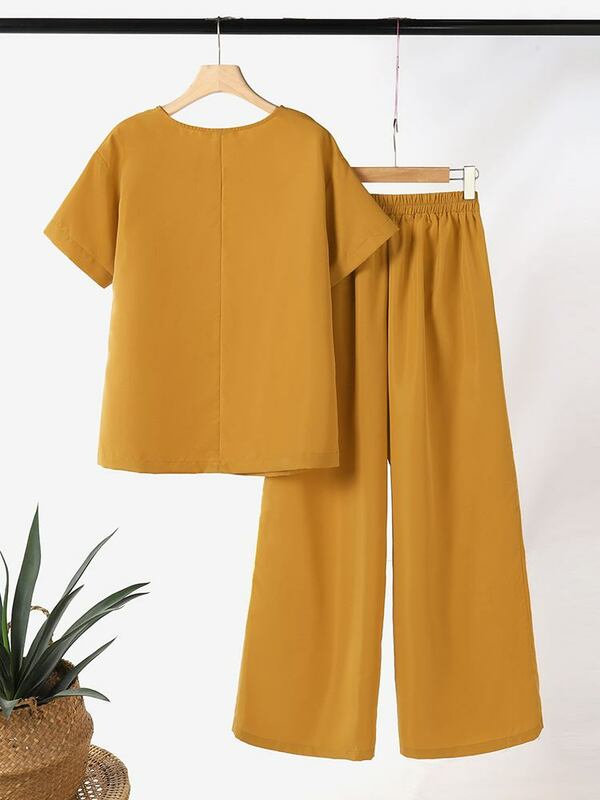 ZANZEA-Conjunto de Blusa de manga corta y pantalón de pierna ancha para mujer, chándal de oficina a juego, moda de verano, 2024