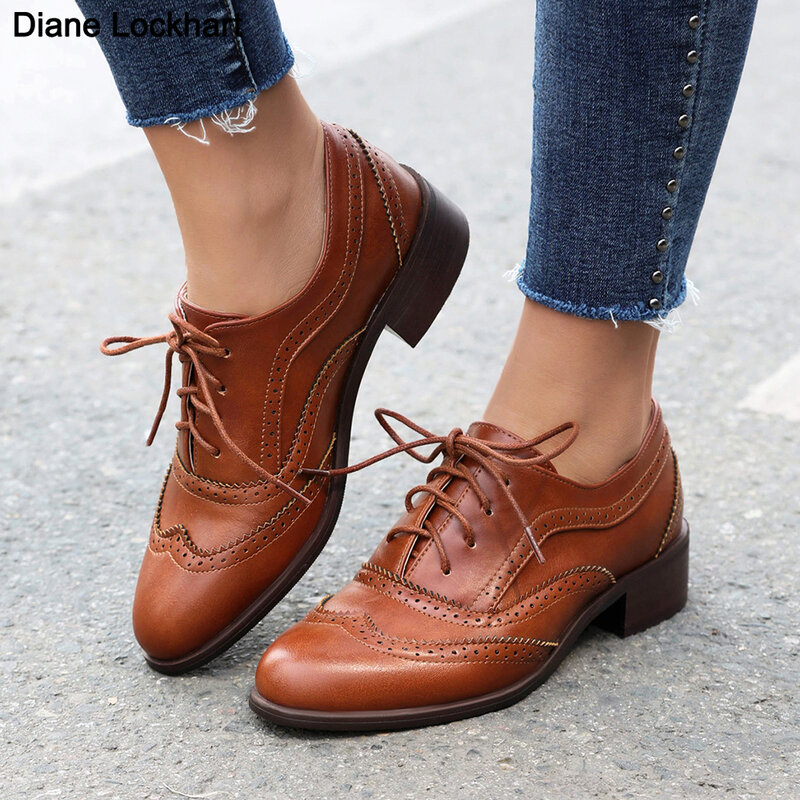 Vintage Style Casual Lace up Shoes For Women Oxfords Flats Lady 3cm Heel Brogues Round Toe Single Shoes Plus Size 41 44
