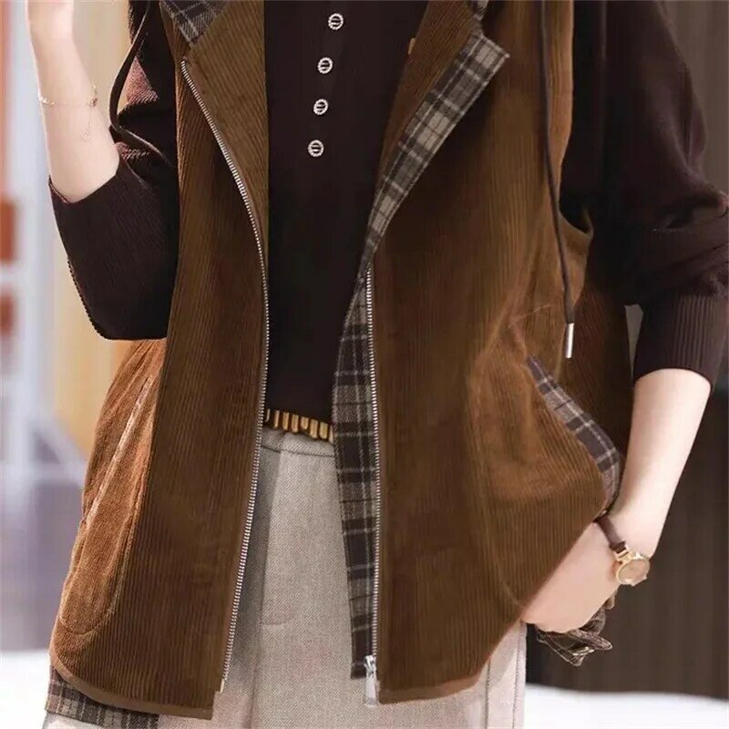 Chaleco de PANA con capucha para mujer, chaqueta holgada de talla grande, color caqui y marrón, prendas de vestir para primavera y otoño, novedad de 2024