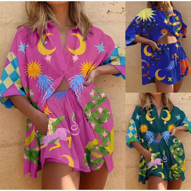 summer Animal Printed Women Half Sleeve Shirt Short Suit Casual Loose Elastic Waist Shorts Set 2024 Beach Holiday Female Outfits