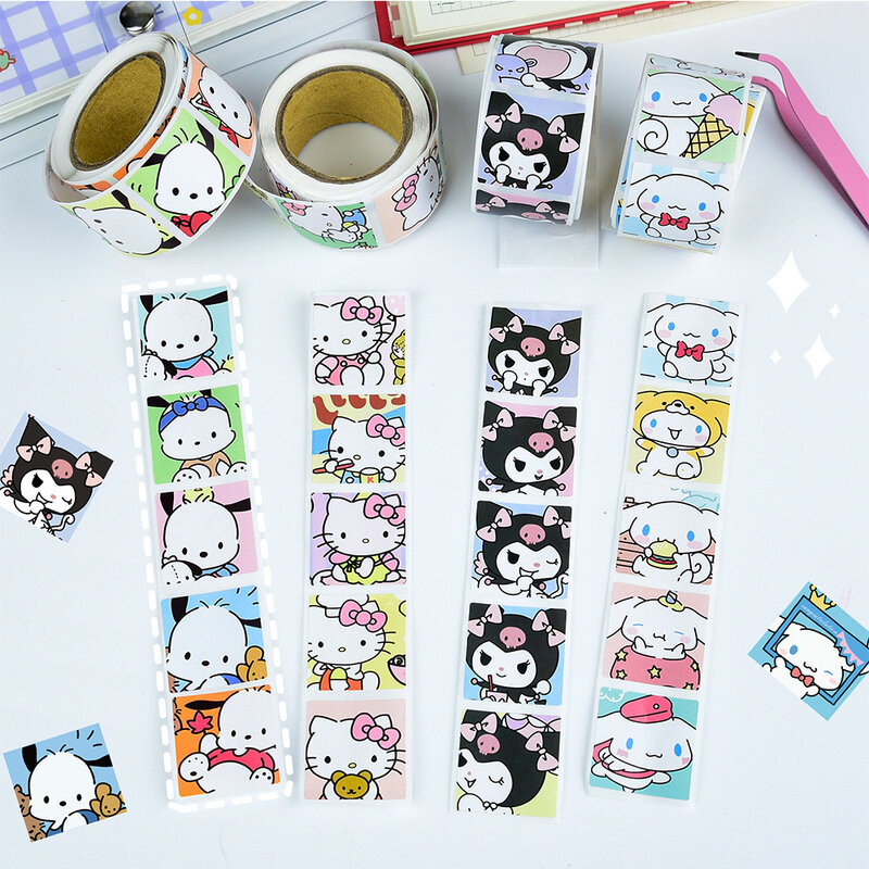 200pcs Cute Sanrio Hello Kitty Pochacco Kuromi adesivi estetici rotolo Anime Cartoon decalcomanie Laptop Scrapbook decorazione Sticker