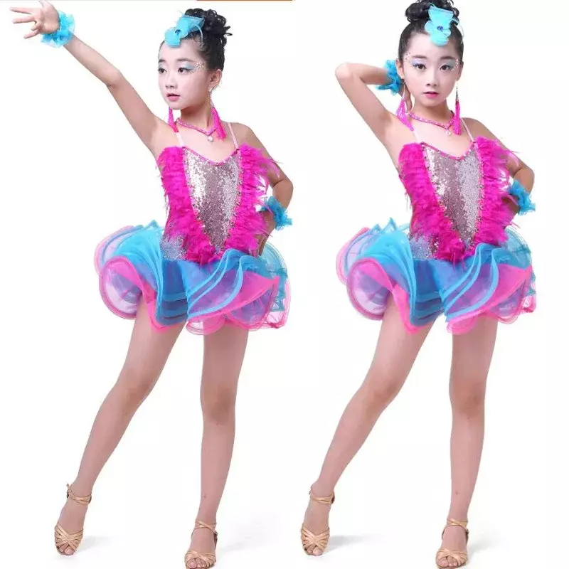 Gaun Tutu dansa anak perempuan, kostum tari Jazz, pakaian untuk anak perempuan, gaun pesta dansa Ballroom berpayet Latin Modern