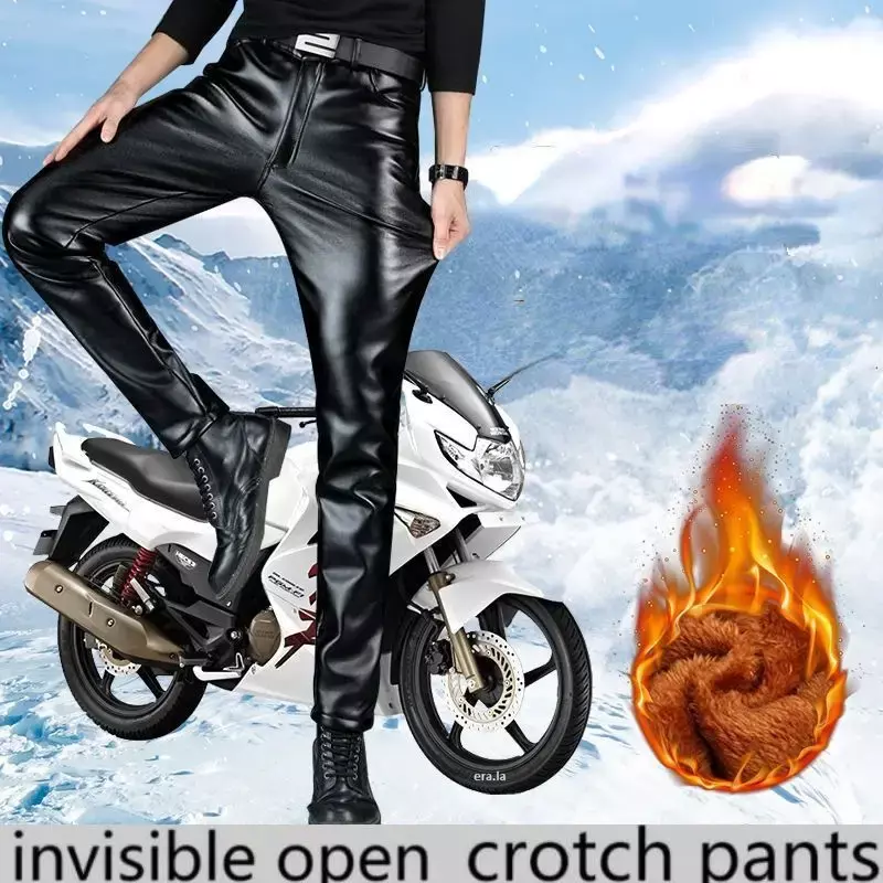 Aberto-virilha calças de lã forrado engrossado motocicleta masculina quente à prova ddouble água à prova de vento zona dupla-headed invisível