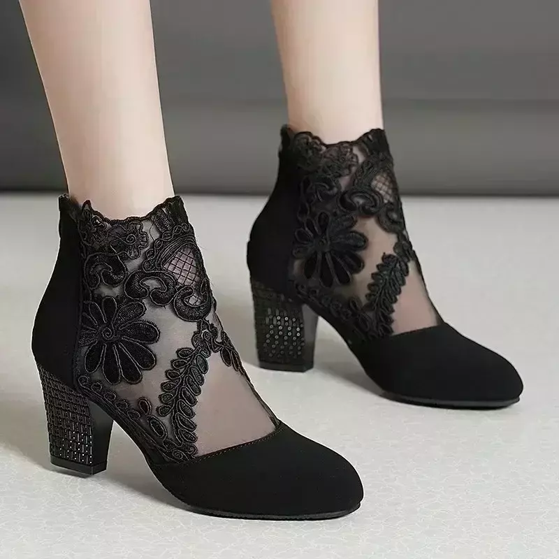 Botas de zíper traseiro feminino, sapato de raiz quadrada, renda floral, dedo do pé redondo, escritório, moda feminina, outono, 2024
