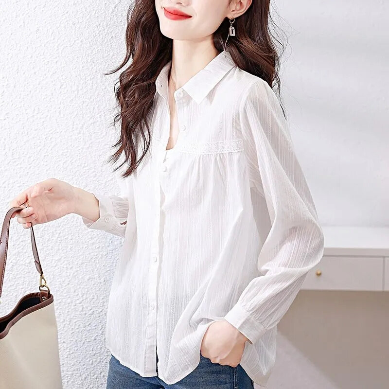 Blusa e camisas femininas de algodão branco, manga comprida solta coreana, cardigã listrado, tops de renda glamorosos femininos, patchwork, 2024