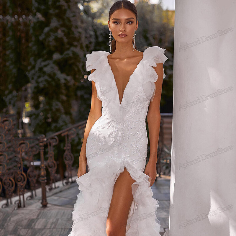 Profundo V-Neck High Slit Vestidos de casamento, lindos vestidos de noiva, tule bainha plissada, Sexy Sereia Robes, 2024
