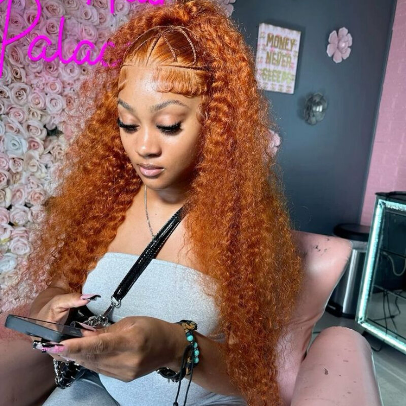 Orange Lace Wig Women's Front Lace Long Latam Roll Hair African Small Curly Wig Set with Lace Headpiece Human Hair