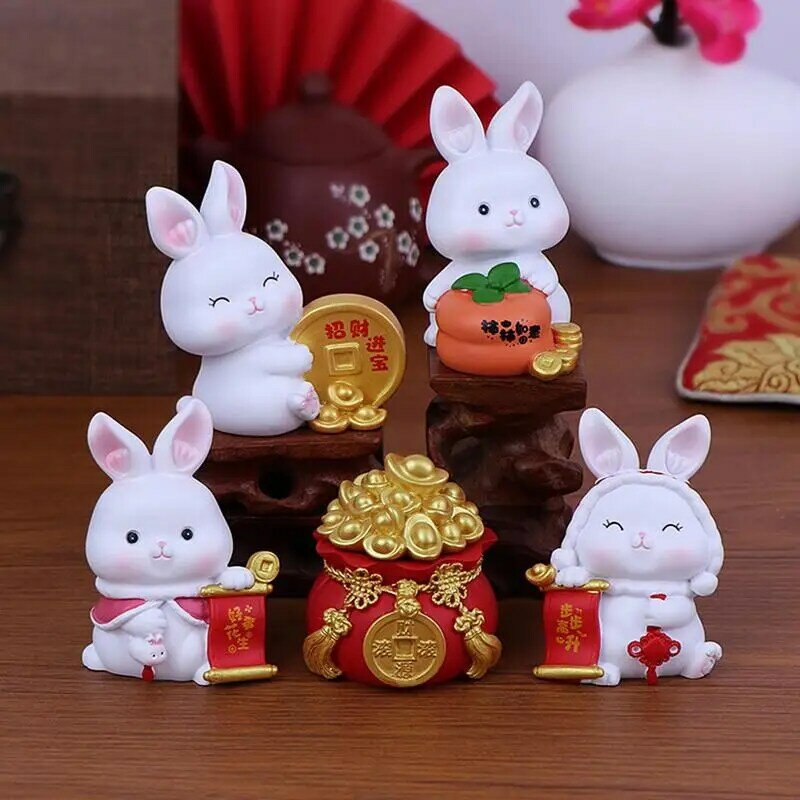 Minifiguritas de conejo de Año Nuevo Chino, adorno de escritorio de resina del zodiaco del conejo, mascota del Festival de Primavera chino, 2023