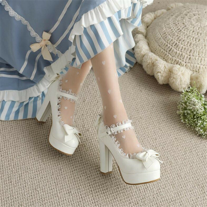 Sweet Ruffles Bow Women High Heels Shoes Platform 10cm High Heel Shoes Women Dress Wedding Party Shoes Big Size 34-43